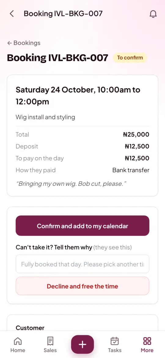A booking request for Saturday at 10am, with Confirm and add to my calendar