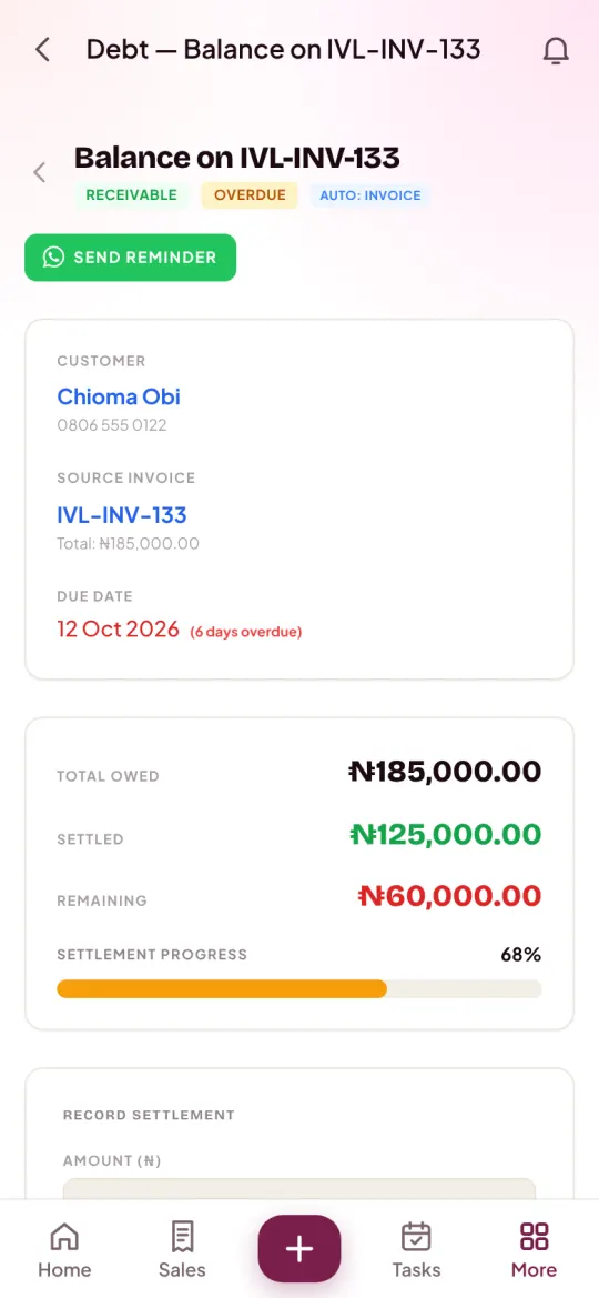 A balance of ₦60,000, 6 days overdue, with a green Send reminder button