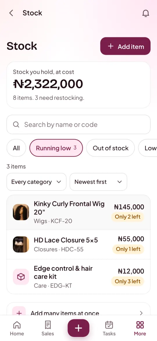 Stock running low: a frontal wig with 2 left, a closure with 1 left, a hair care kit with 3 left