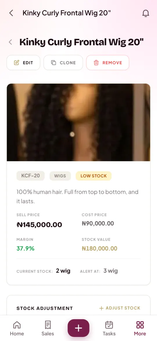 A wig's page: price, cost, 37.9% margin and 2 left in stock