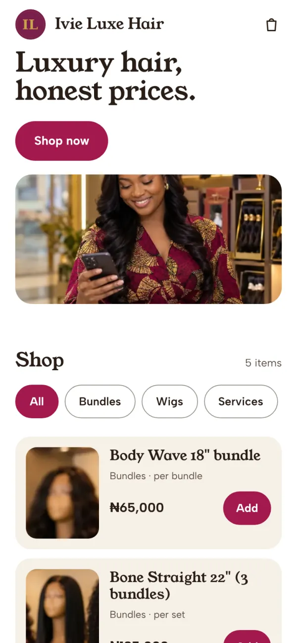 Ivie Luxe Hair's website at ivieluxe.nfelia.com: “Luxury hair, honest prices.”, a Shop now button, a photo of Ivie, and her bundles and wigs with prices