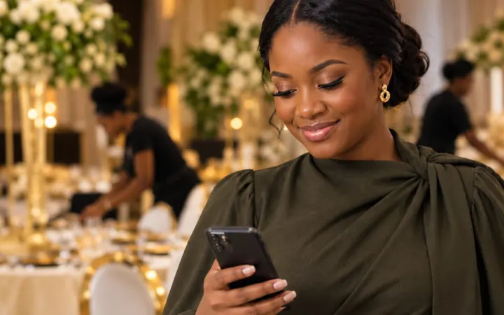 Kemi checking her phone while her team sets up an event hall